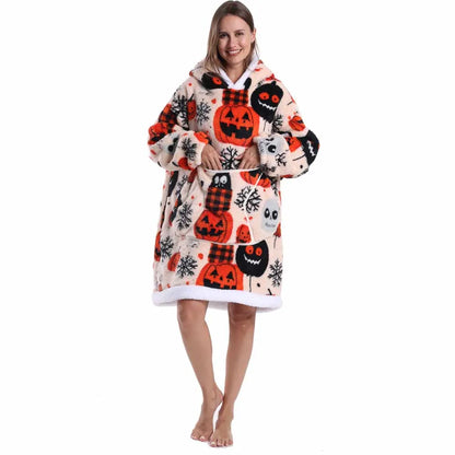 Oversized Hoodie Blanket for Adults Leopard Red Blue Black Fluffy TV Blanket Warm Thick Man Woman Winter Halloween Christmas Pjs