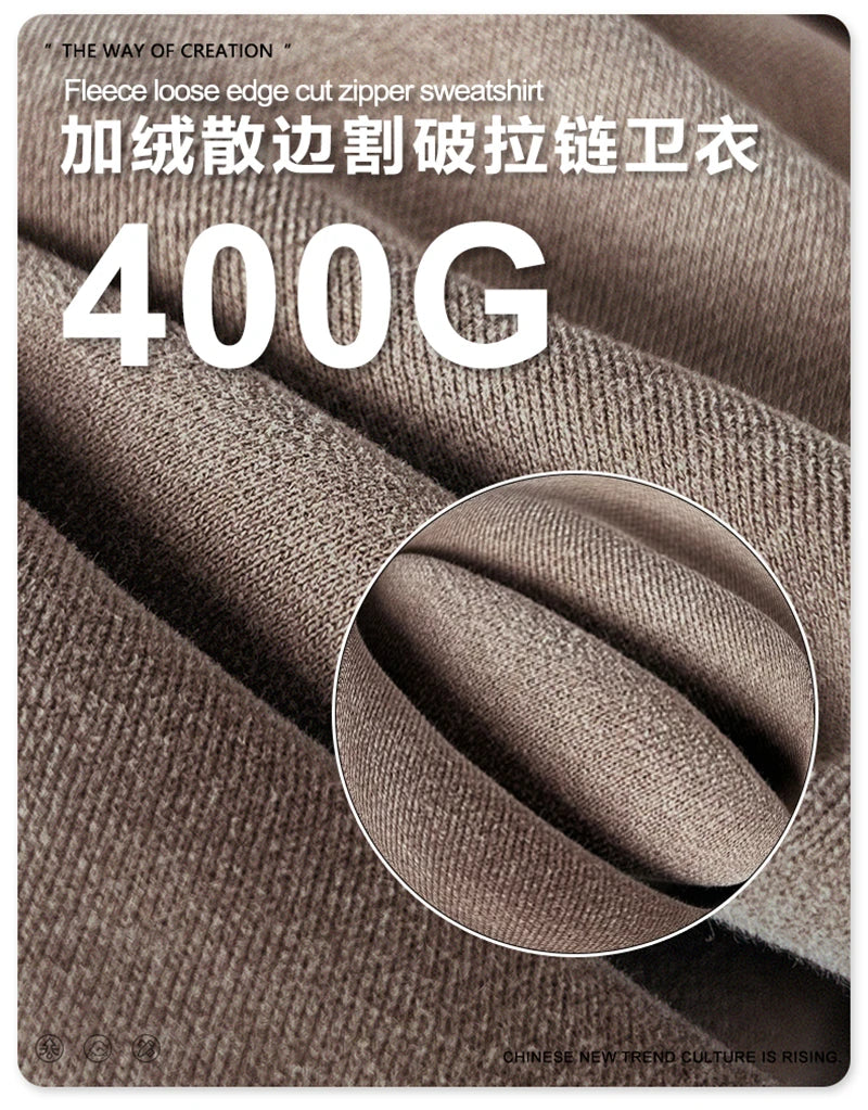 ZODF Retro Winter Men 400gsm Monkey Washed Zipper Hoodie Unisex High Street Loose Edge Ripped Distressed Hooded Pullovers HY1117