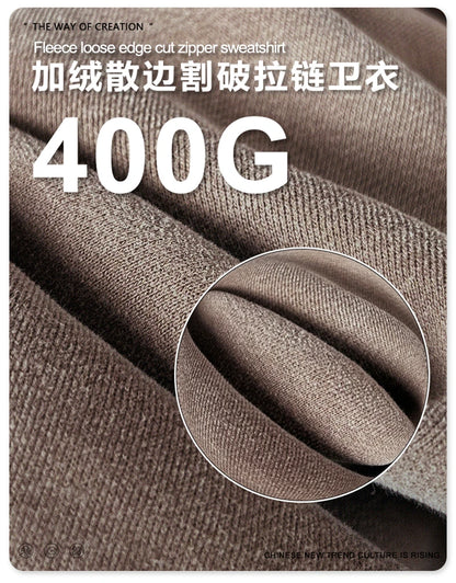 ZODF Retro Winter Men 400gsm Monkey Washed Zipper Hoodie Unisex High Street Loose Edge Ripped Distressed Hooded Pullovers HY1117