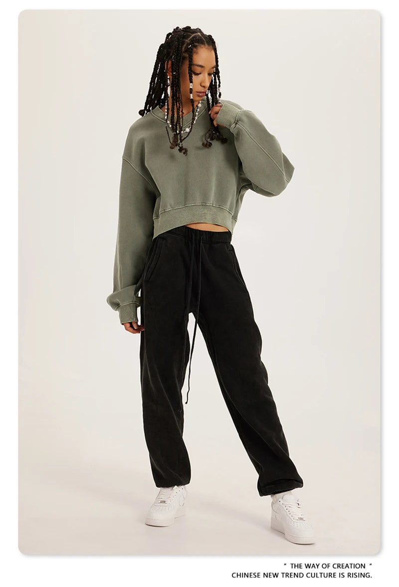 ZODF Winter Women Short Fleece Cropped Sweatshirts Girls Female Hip Hop Loose 400gsm V-Neck Pullovers Brand Tops HY0437