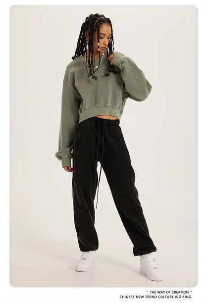 ZODF Winter Women Short Fleece Cropped Sweatshirts Girls Female Hip Hop Loose 400gsm V-Neck Pullovers Brand Tops HY0437
