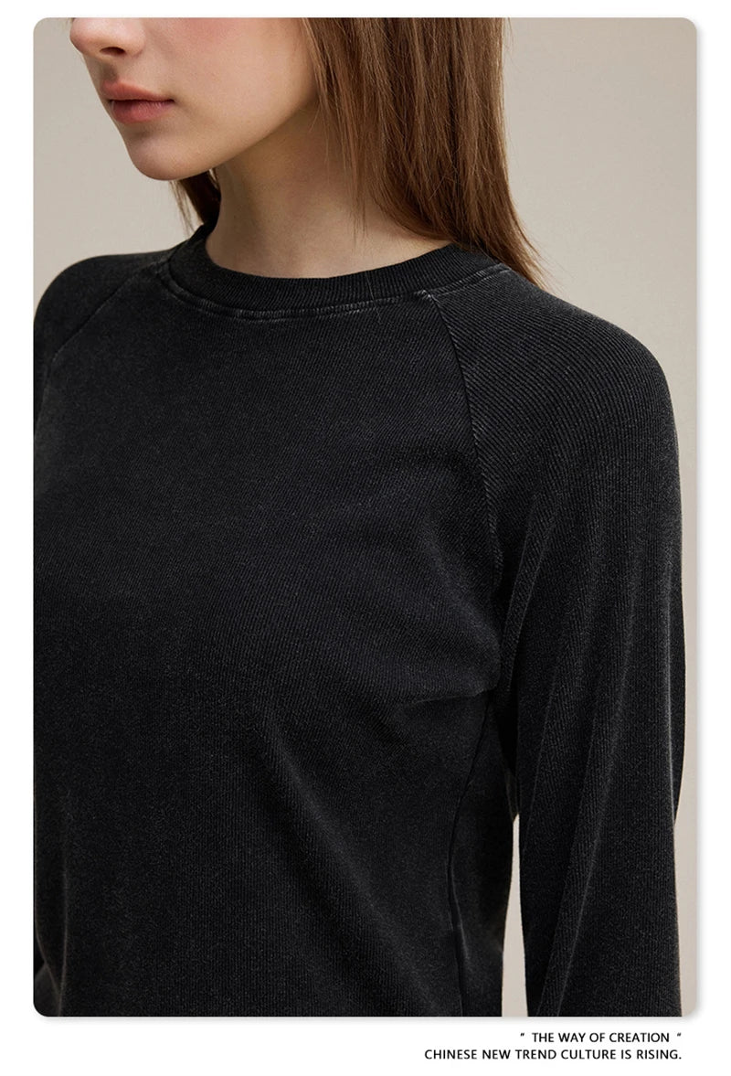 ZODF Sexy Autumn Washed 275gsm Full Sleeve T Shirt For Women Ladies Girls Slim Fit Distressed T-Shirts Tops HY1145