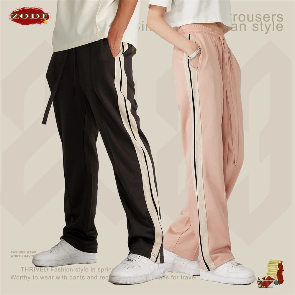 ZODF Spring Summer 275GSM Basic Side Webbing Trousers For Men Unisex American Retro Casual Sports Straight Pants HY0540