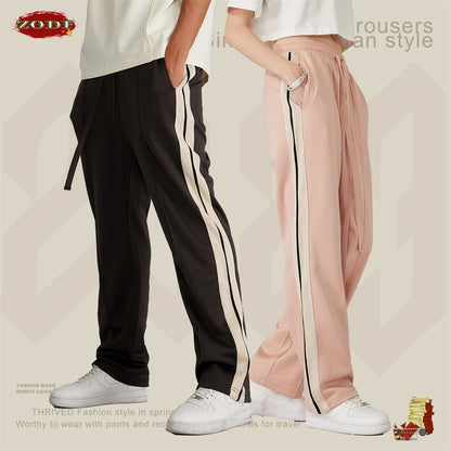 ZODF Spring Summer 275GSM Basic Side Webbing Trousers For Men Unisex American Retro Casual Sports Straight Pants HY0540