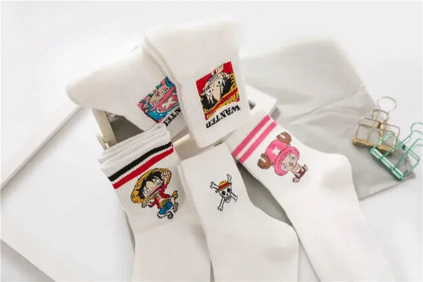 5Pair Anime One Piece Socks Cartoon Luffy Chopper Student Cotton White Long Short Boat Socks Printed Knitted Socks Children Gift