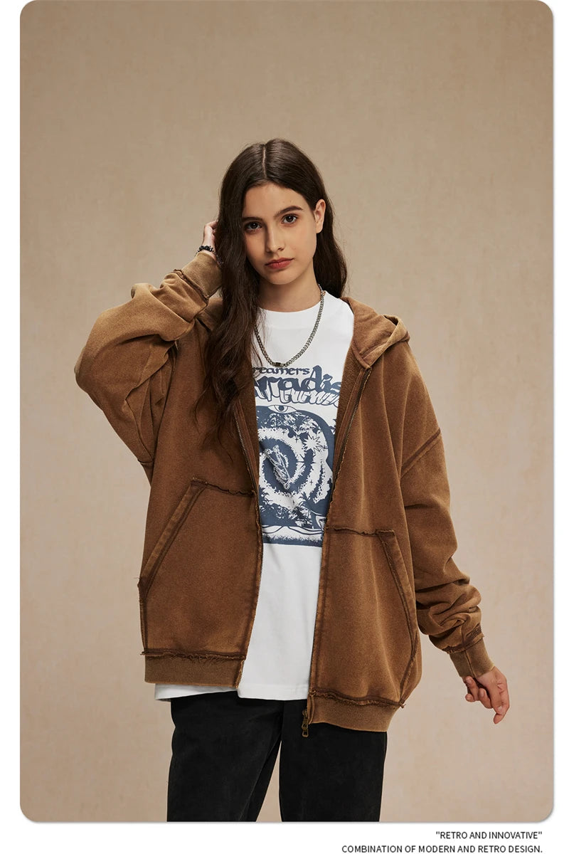 ZODF Retro Men's Heavyweight 450gsm Zipper Hoodies Unisex Loose Distressed Washed Batik Knitted Hooded Coat Jacket HY0889