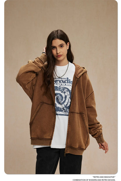 ZODF Retro Men's Heavyweight 450gsm Zipper Hoodies Unisex Loose Distressed Washed Batik Knitted Hooded Coat Jacket HY0889