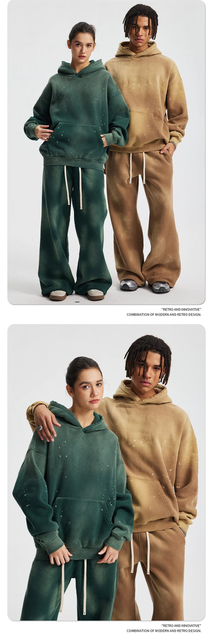 ZODF Trendy Men Washed 360gsm Fleece Hoodies Unisex Oversized Warm Paint Distressed Hooded Pullovers Winter Coat HY0947