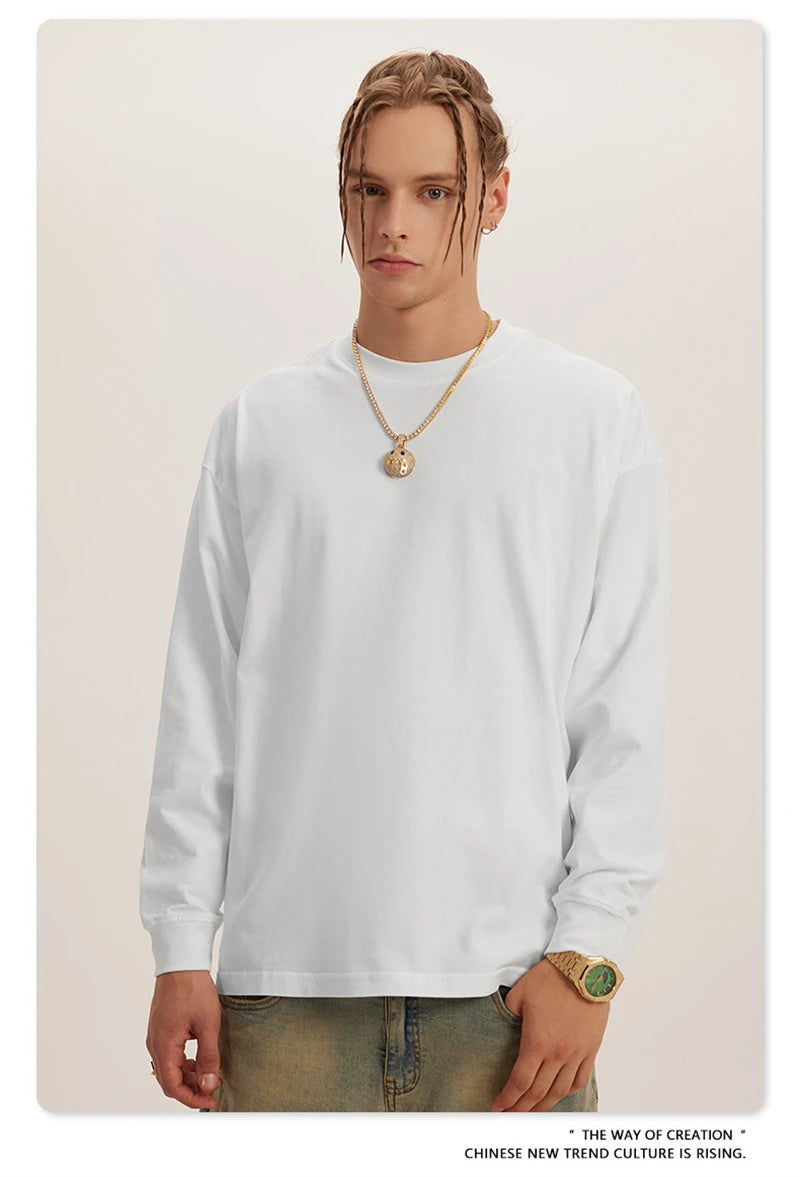 ZODF New Autumn Men's 260gsm 100% Cotton T Shirts Unisex Retro High Street Loose Washed Solid Tees Streetwears HY0376