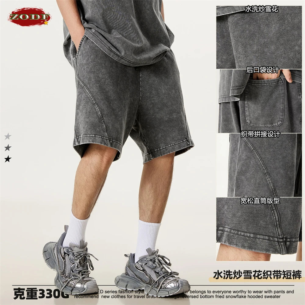 ZODF New Men Fire Snowflake Washed 330gsm Shorts Unisex High Street Summer Distressed Sport Cotton Shorts HY1028