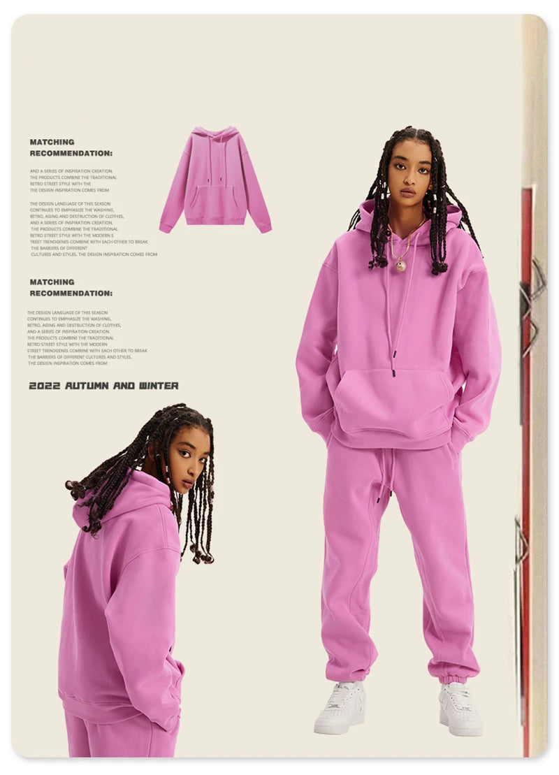 ZODF New Winter Men Basic Thick Fleece 345gsm Hoodies Casual Loose Hip Hop Unisex Hooded Sweatshirt Pullovers Tracksuits HY0010