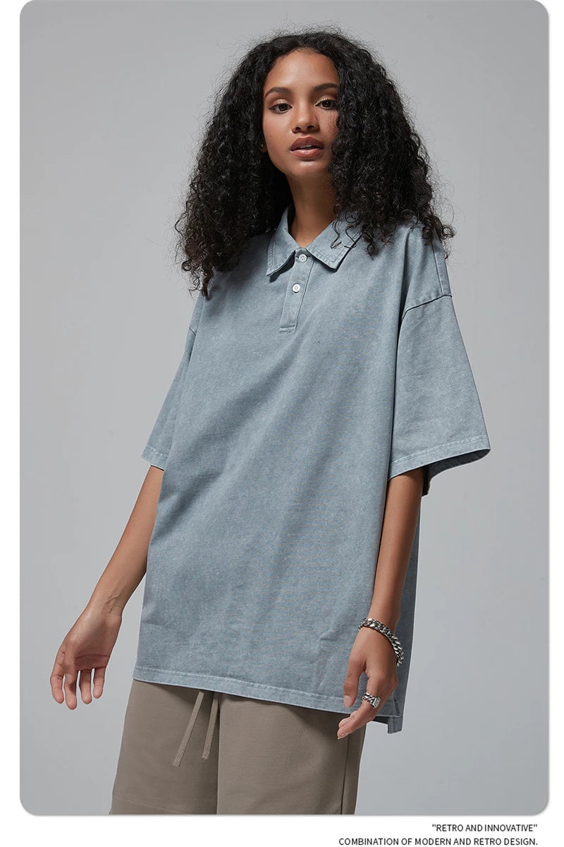 ZODF Summer Men Batik Washed 275gsm Cotton T Shirt Unisex Retro Turn Down Collar Short Sleeve T-shirts Tees HY0533