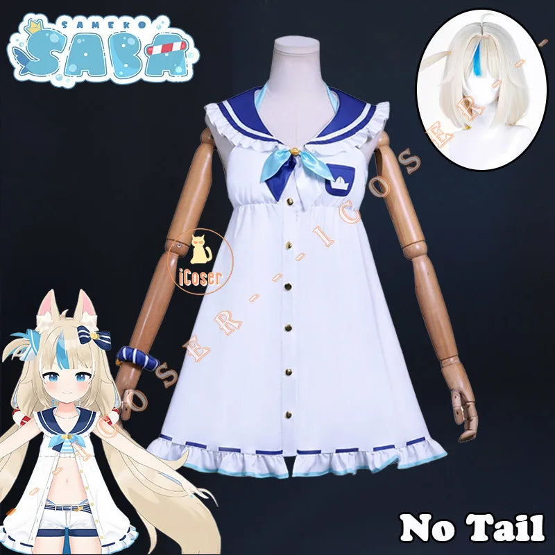 VTuber Sameko Saba Cosplay Costume Wig Dress Outfit Ears Headwear Uniform Festival Halloween Party for Women Girls Carnival Prop