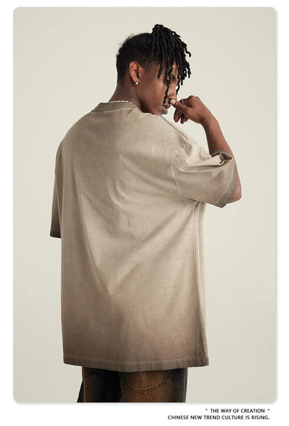ZODF 2023 Men's Summer 255G Wash Gradient Fried Cotton T Shirt Round Neck Short Sleeve American Retro Loose T-Shirt HY0547