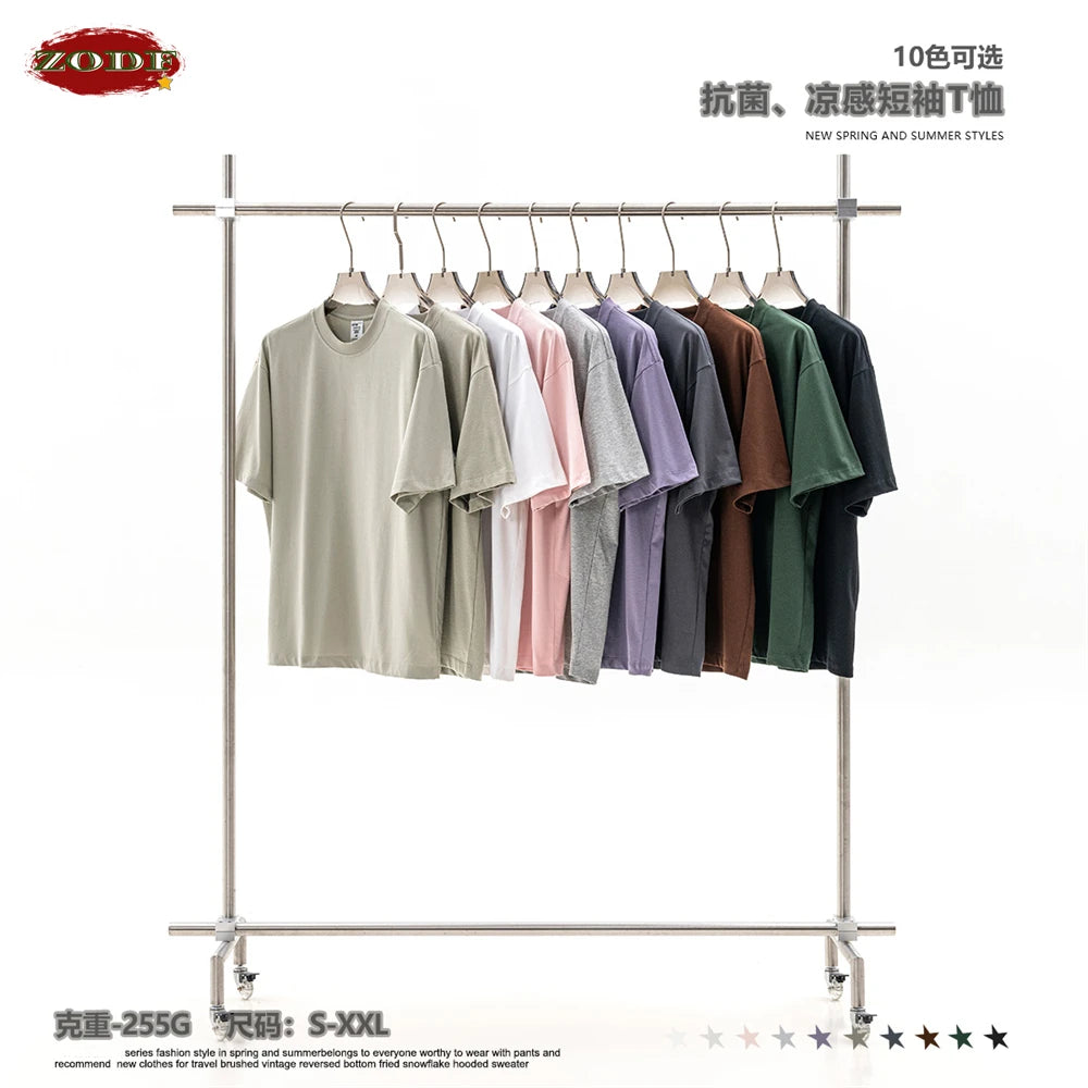 ZODF New 2025 Men Basic Solid 255gsm Cotton T-Shirts Unisex Loose Breathable Comfortable T Shirt Brand Clothes HY0973