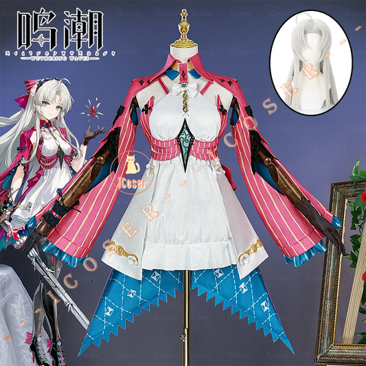 Wuthering Waves Carlotta Cosplay Costume Wig Dress Carlotta Montelli Rinascita Earrings Halloween Party for Women Girls Carnival