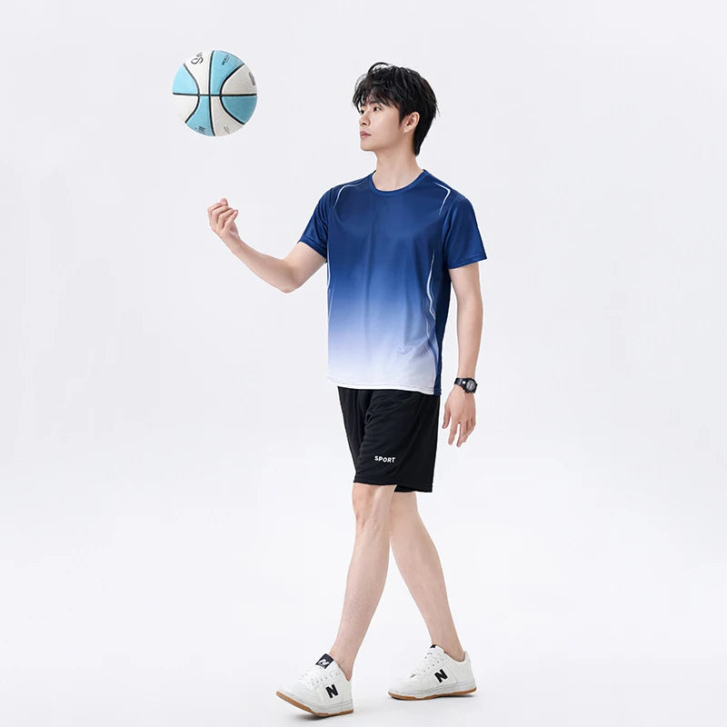 Chrlck Unisex Gradient Quick-Dry Ice Silk Fitness T-Shirt and Shorts Set for Running Gym Training