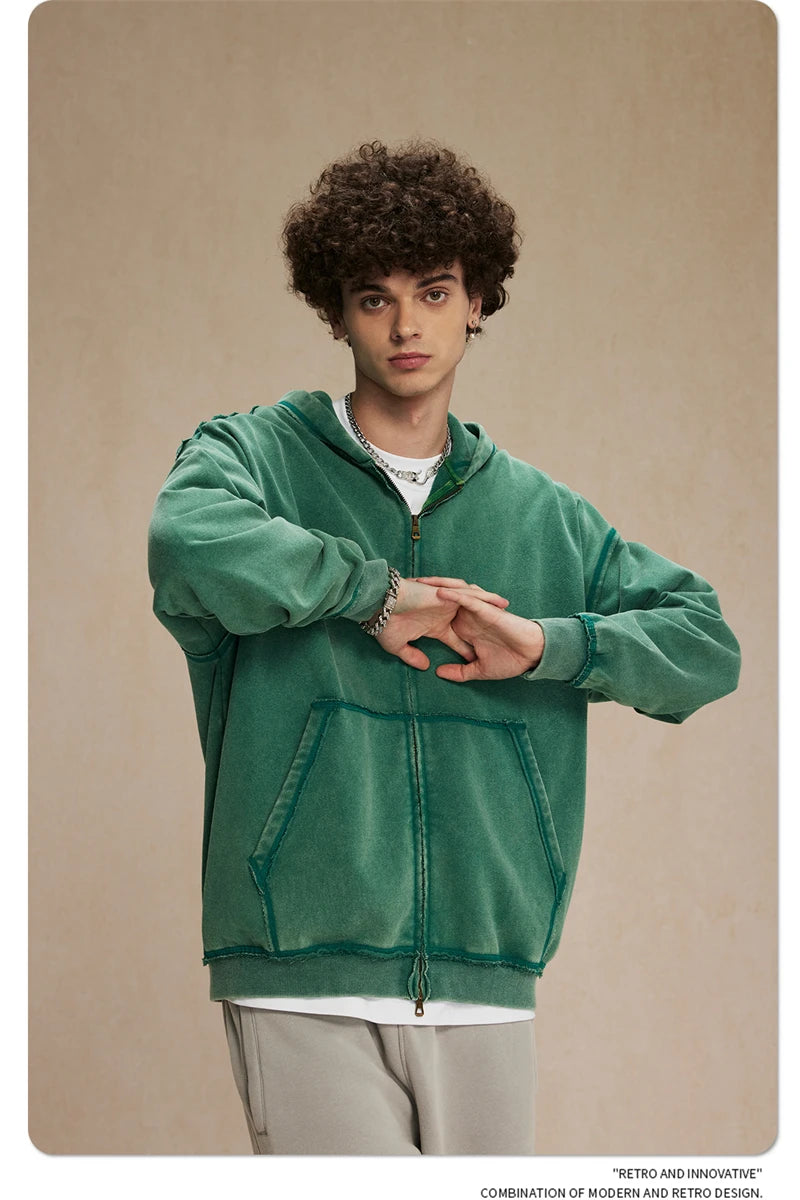 ZODF Retro Men's Heavyweight 450gsm Zipper Hoodies Unisex Loose Distressed Washed Batik Knitted Hooded Coat Jacket HY0889