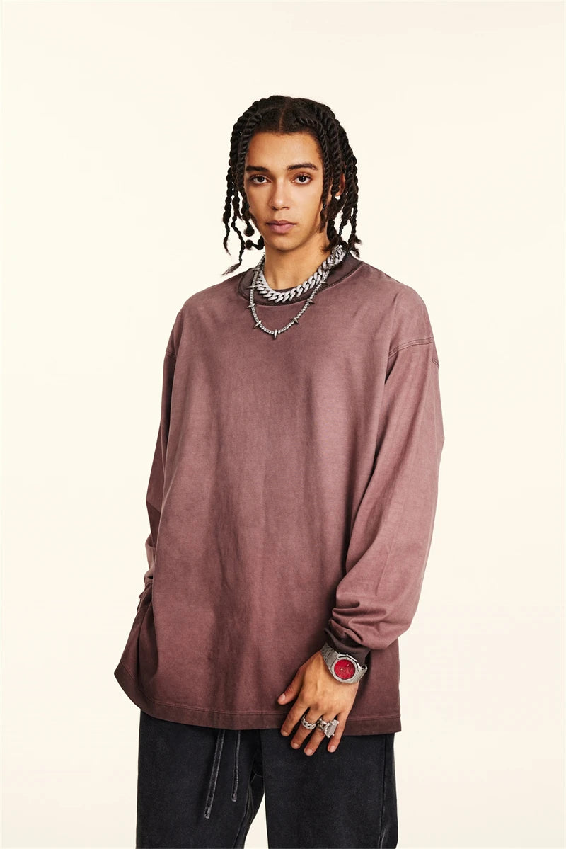 ZODF 2024 Autumn Men's Washed Cotton T-Shirt Unisex Oversized Distressed 250gsm Long Sleeve O Neck T Shirts Tees HY0921