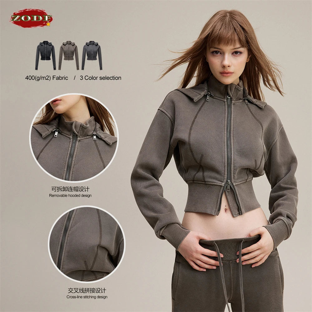 ZODF Vintage 2025 Winter Batik Washed Crop Hoodies Female Girls Remove Hood Heavy Weight Sport 400gsm Hooded Coat HY1085
