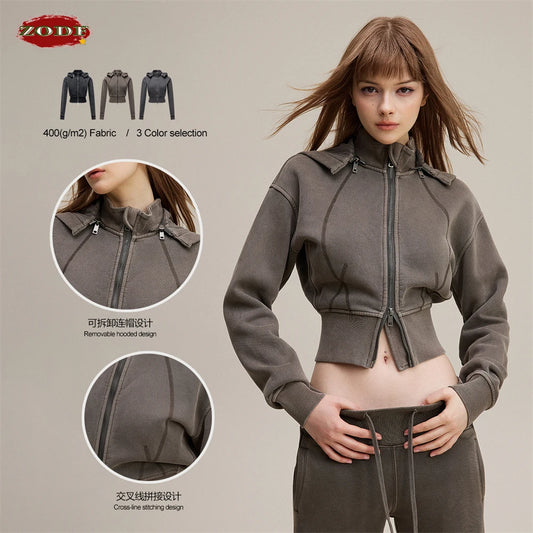ZODF Vintage 2025 Winter Batik Washed Crop Hoodies Female Girls Remove Hood Heavy Weight Sport 400gsm Hooded Coat HY1085