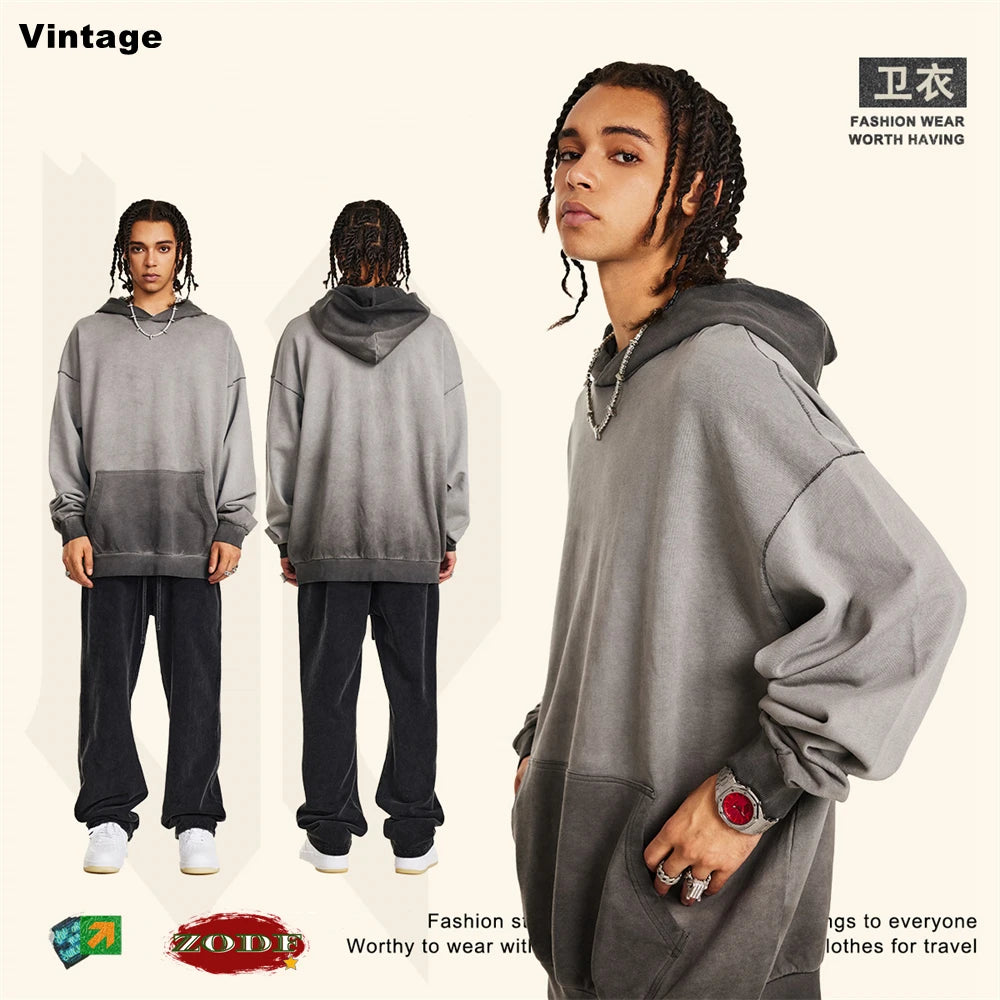 ZODF American Retro Washed Cotton Hoodie For Men Unisex Autumn High Street Oversized Knitted 380gsm Hooded Pullovers Coat HY0913