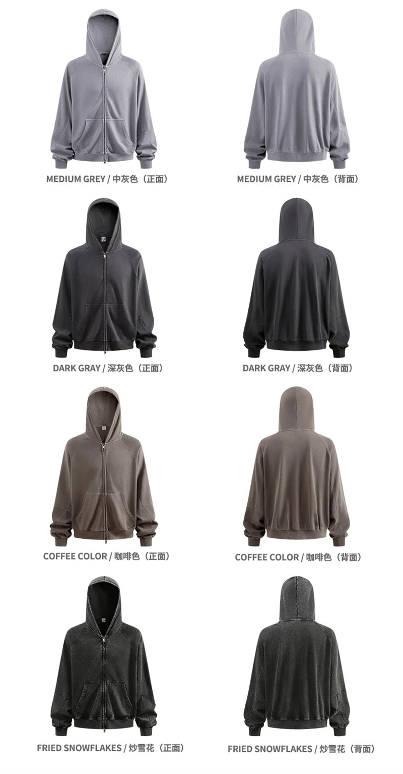 ZODF Heavy Wieght 480gsm Washed Cotton Boxy Zipper Hoodies For Man Unisex Retro Patchwork Off Shoulder Hooded Coats HY1152