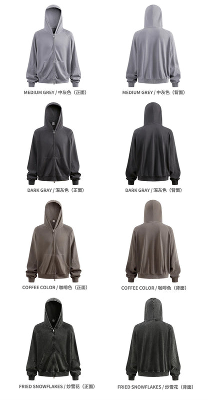 ZODF Heavy Wieght 480gsm Washed Cotton Boxy Zipper Hoodies For Man Unisex Retro Patchwork Off Shoulder Hooded Coats HY1152