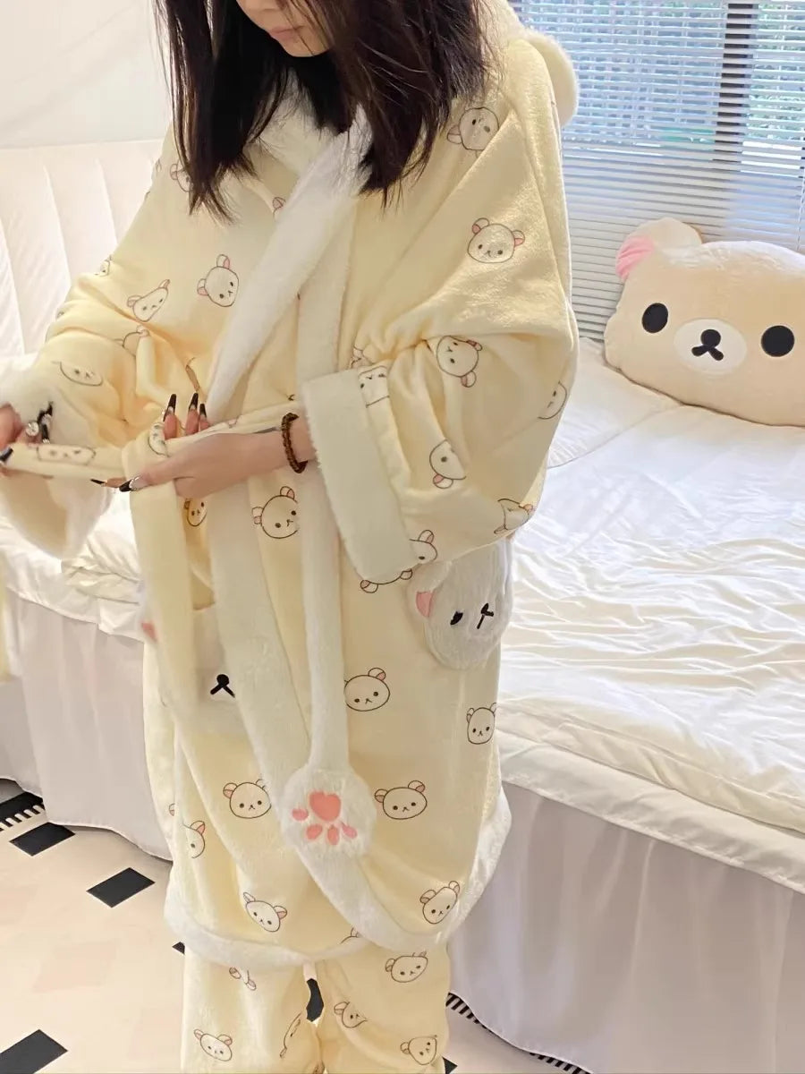 Rilakkuma Women'S Fleece-Lined Thickened Robe Coral Fleece Flannel Hooded Home Clothes Warm Nightgowns Casual Wear For Going Out