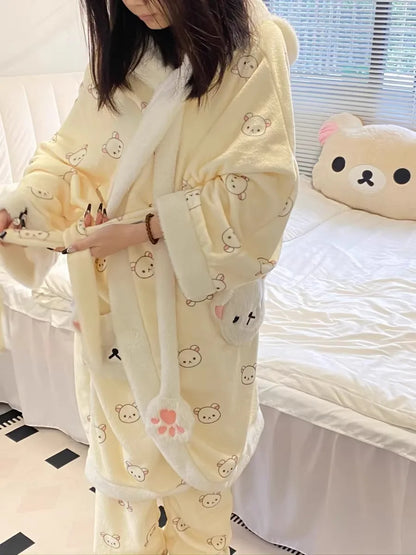 Rilakkuma Women'S Fleece-Lined Thickened Robe Coral Fleece Flannel Hooded Home Clothes Warm Nightgowns Casual Wear For Going Out