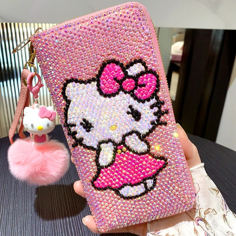New Sanrio Cute Full Diamond Hello Kitty Wallet Sticker Full Diamond Lady Girl Heart Long Zipper Wallet Mobile Bag