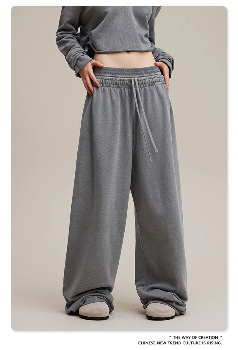 ZODF Retro Women Washed 370gsm Straight Pants Vintage Girls Female Loose Double Waist Wide Leg Cotton Trousers HY1150