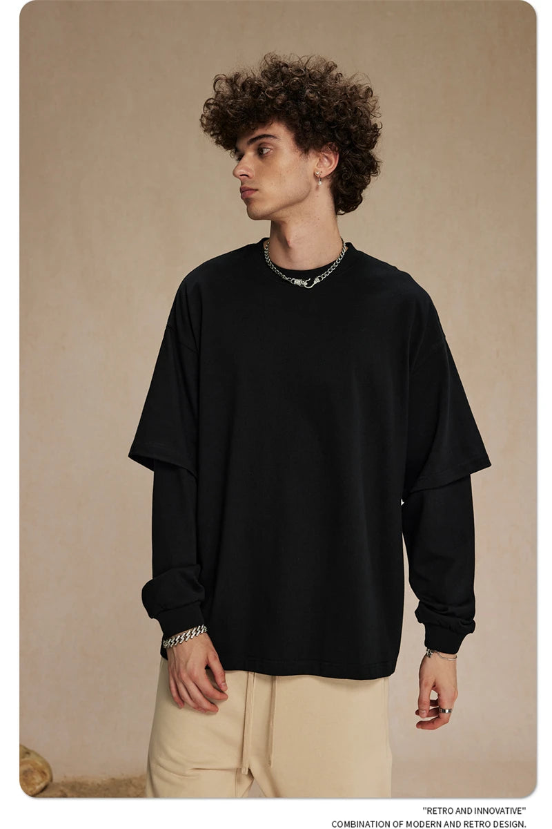 ZODF Fashion Spring Autumn Men 100% Cotton T-Shirt Unisex Fake 2-Piece 305gsm Solid Full Sleeve O Neck T Shirt Brand Tees HY0925