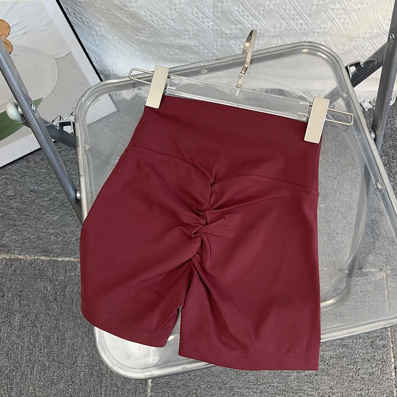 Women Sports High Waist Yoga Legging Shorts Squat Proof Quick Dry Fitness Workout Gym Cycling Tight - Wine Red / S