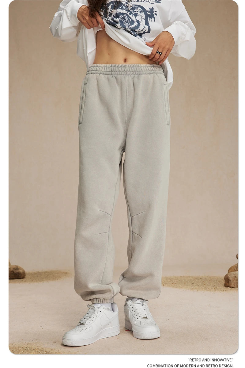 ZODF Retro Winter 360gsm Batik Washed Fleece Sweatpants Unisex Loose Drawstring Warm Joggers HY0714
