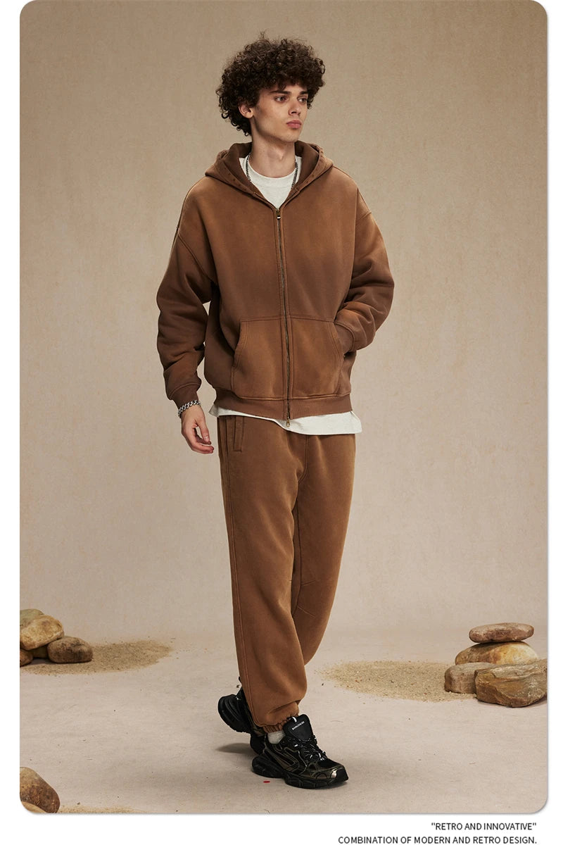 ZODF Retro Winter Men Spray-Dyed Zipper Hoodies Unisex Loose 360gsm Zipper Fleece Hooded Sweatshirt Pullovers Coats HY0719