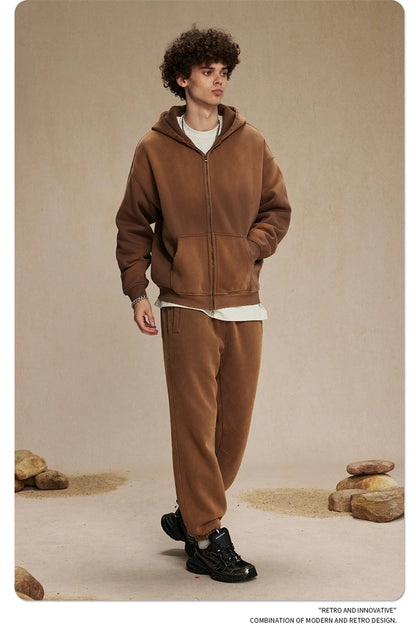 ZODF Retro Winter Men Spray-Dyed Zipper Hoodies Unisex Loose 360gsm Zipper Fleece Hooded Sweatshirt Pullovers Coats HY0719