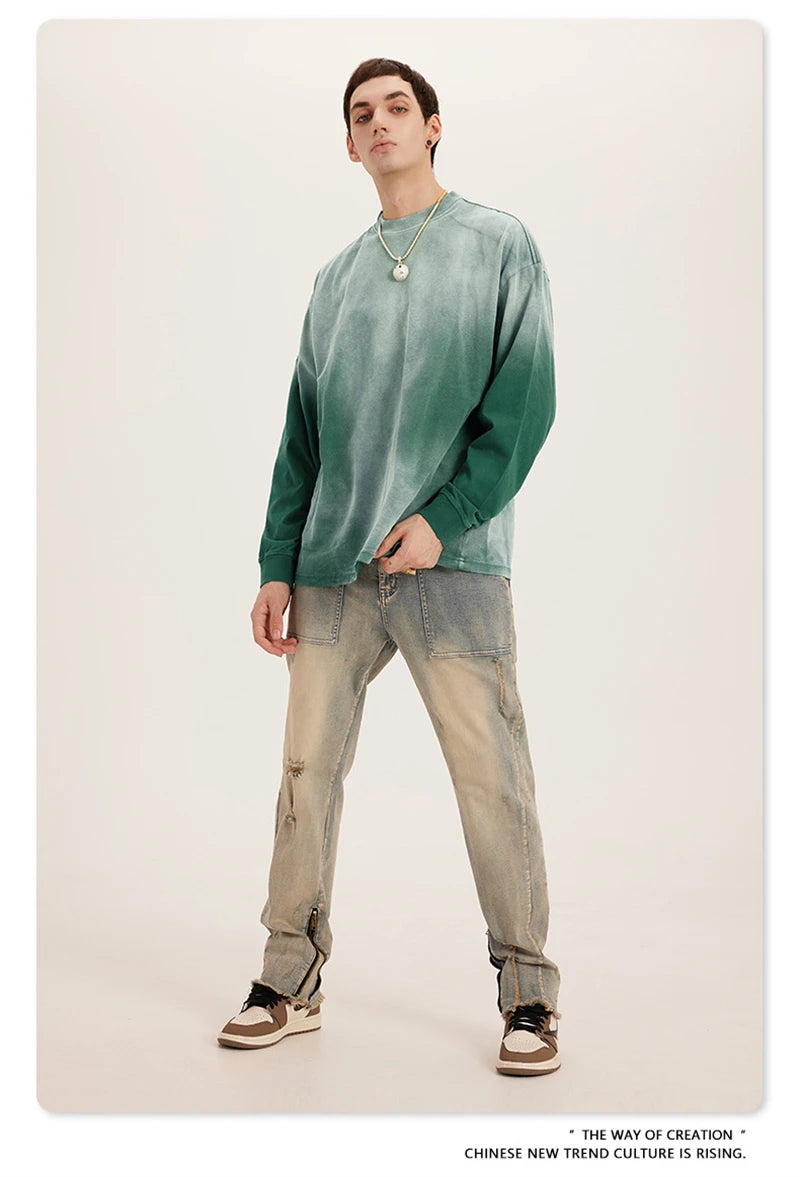 ZODF Retro Monkey Washed 260gsm Cotton T-Shirt For Men Unisex High Street Loose Full Sleeve T Shirt Brand Streetwear HY0406