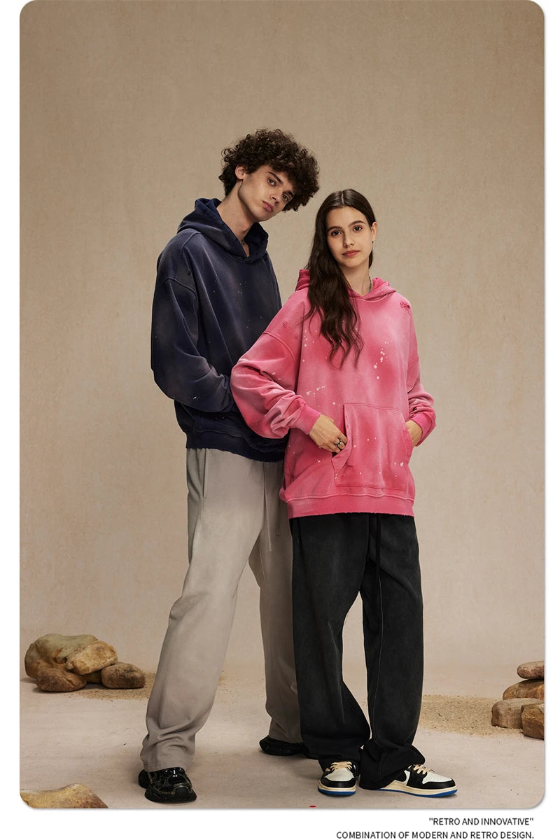 ZODF Autumn Winter Spray Dyeing Ink Splashing Hoodies For Men Unisex 450gsm Washed Oversized Knitted Hooded Pullovers HY0908