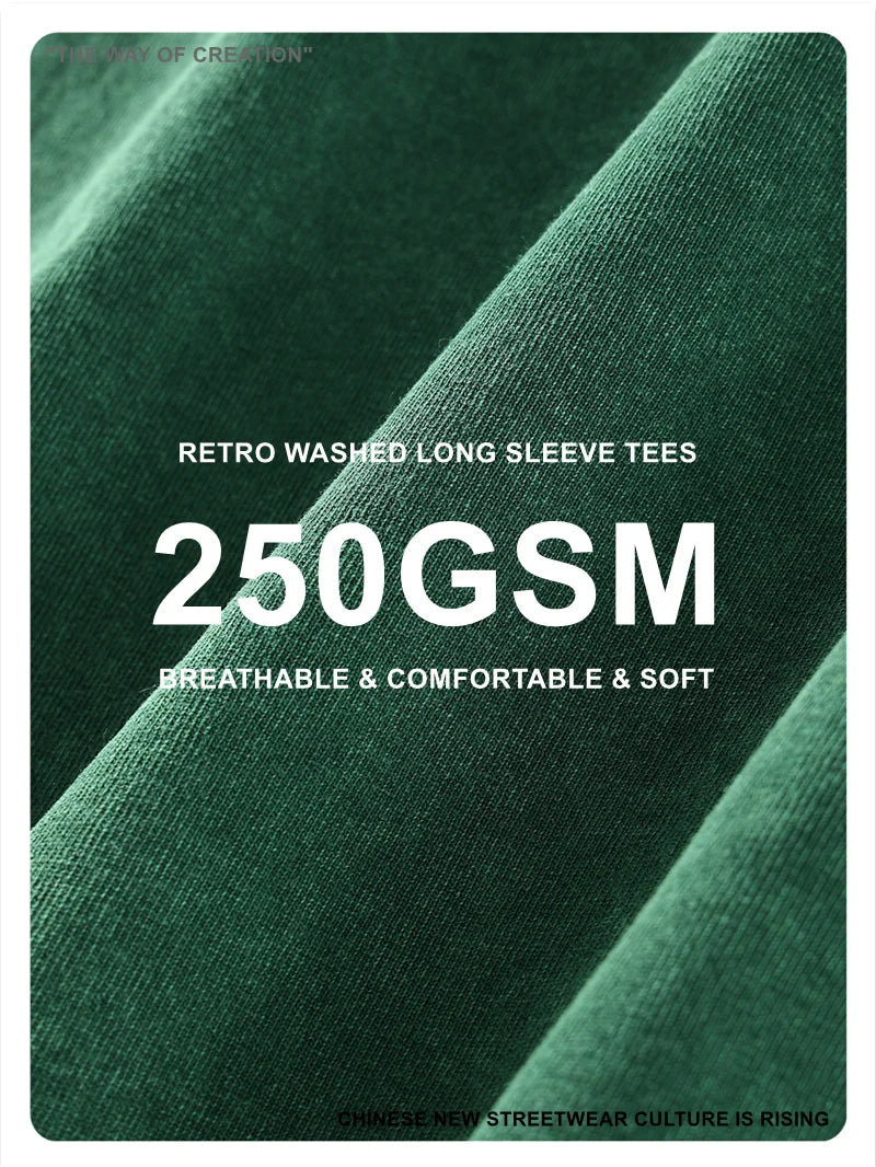 ZODF Retro Men Long Sleeve Washed Cotton T Shirt Unisex Loose 250gsm Basic Atumn TEES Tops Brand Streetwears HY0394