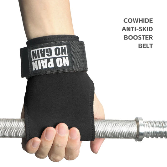Cowhide Gym Grips Gloves Weightlifting Fitness Pull Up Crossfit Workout Anti-Slip Wear-Resistant Palm Protection - Black