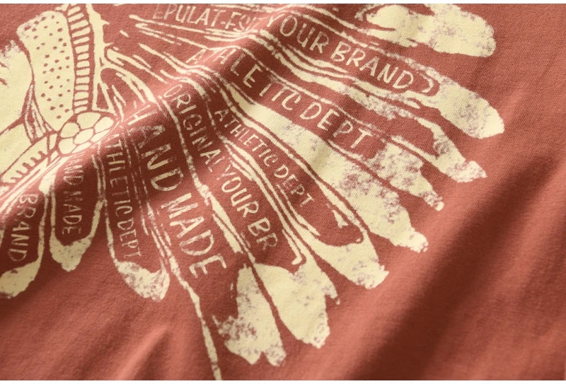 Autumn New American Retro Long Sleeve O-neck Indian Printed T-shirt Men's Fashion 100% Cotton Washed Casual Bottoming Tops