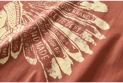 Autumn New American Retro Long Sleeve O-neck Indian Printed T-shirt Men's Fashion 100% Cotton Washed Casual Bottoming Tops