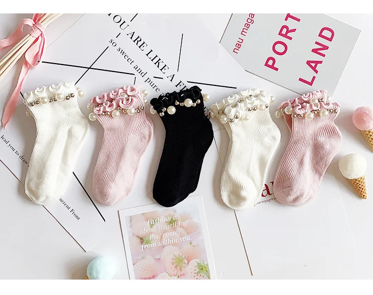 Kids Socks Spring Summer Cotton Girls Socks Ruffle Cute Pearl Children Socks White Black Pink Little Girl Clothing Accessories