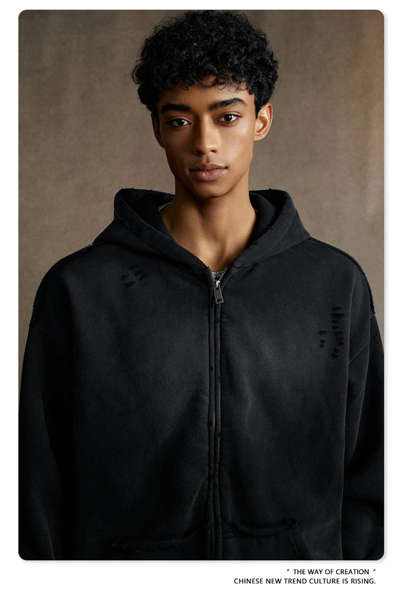ZODF Retro Winter Men 400gsm Monkey Washed Zipper Hoodie Unisex High Street Loose Edge Ripped Distressed Hooded Pullovers HY1117