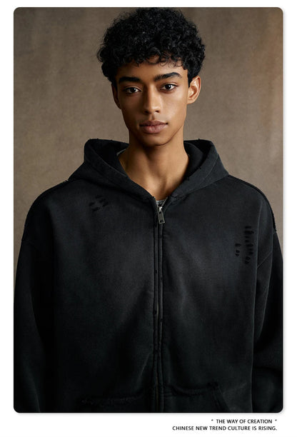 ZODF Retro Winter Men 400gsm Monkey Washed Zipper Hoodie Unisex High Street Loose Edge Ripped Distressed Hooded Pullovers HY1117