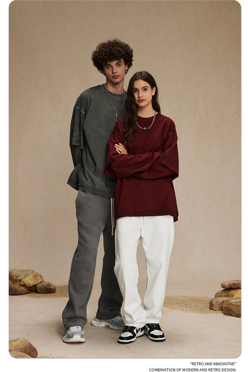 ZODF New 2024 Autumn Fake 2 Pieces T-Shirt For Men Unisex Loose Solid Long Sleeve O-Neck 305gsm Cotton T Shirt Brand Tops HY0944