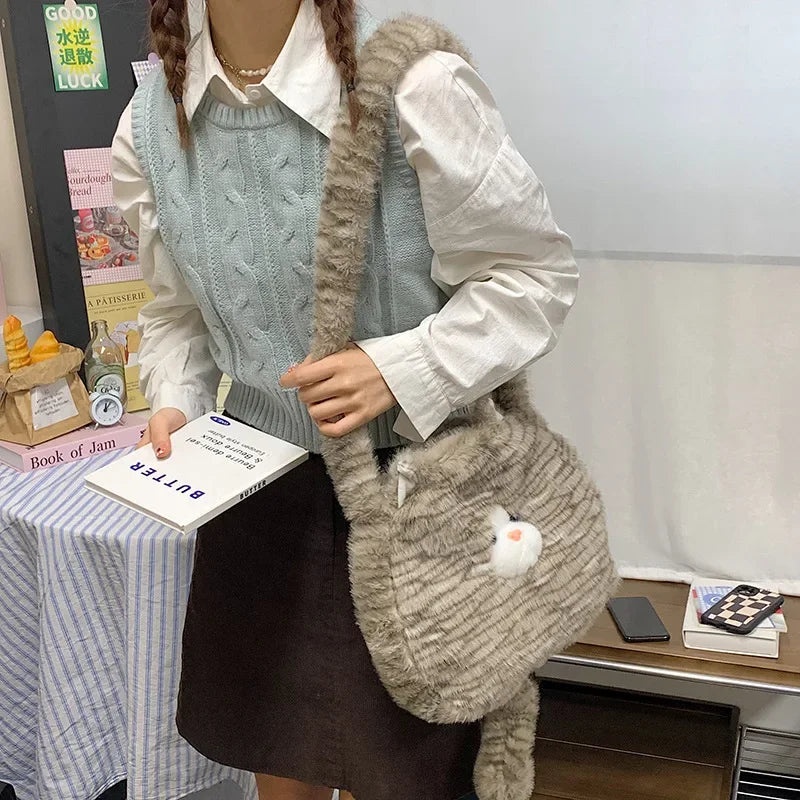 Cute Cat Plush Crossbody Bag for Women's New Instagram Soft and Cute Furry Large Capacity High-end Sensory Communication Tote