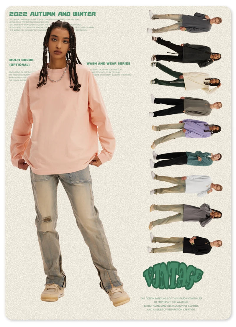 ZODF New Autumn Men's 260gsm 100% Cotton T Shirts Unisex Retro High Street Loose Washed Solid Tees Streetwears HY0376