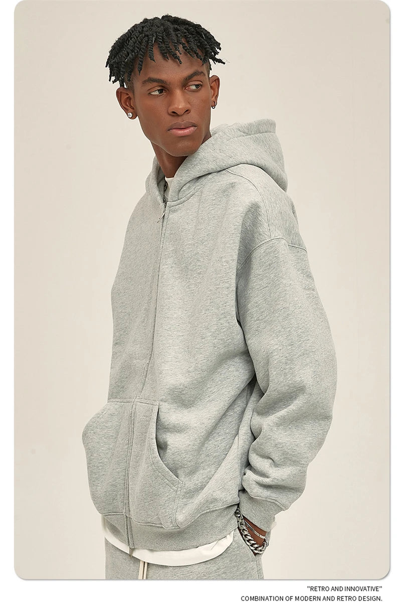 ZODF New Men Double Headed Zipper Fleece Hoodies Unisex Loose Basic Solid Warm Hooded Sweatshirts Coats For Winter HY0633